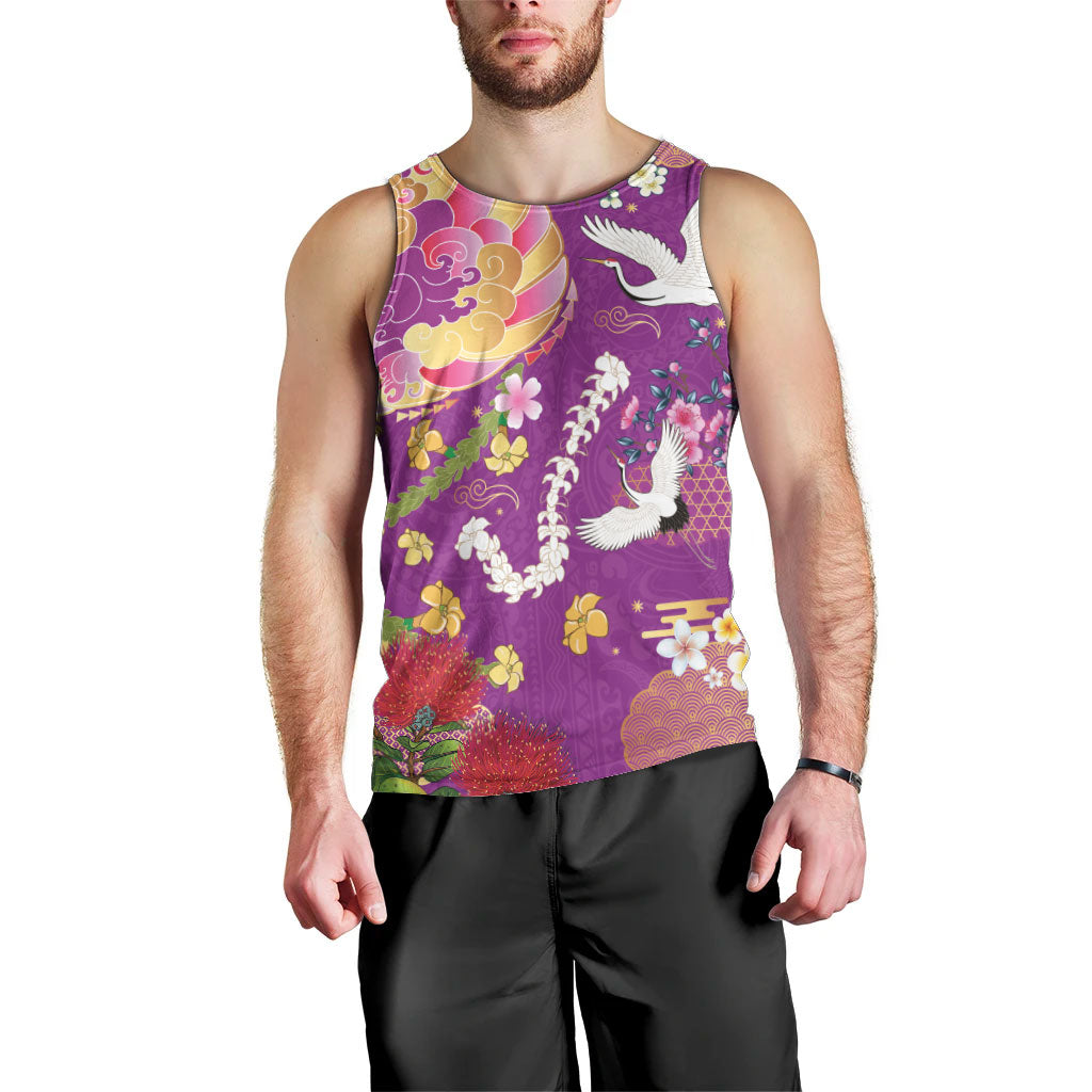 Hawaiian and Japanese Culture Together Men Tank Top Kakau Tribal Pattern and Irezumi Art Purple Color