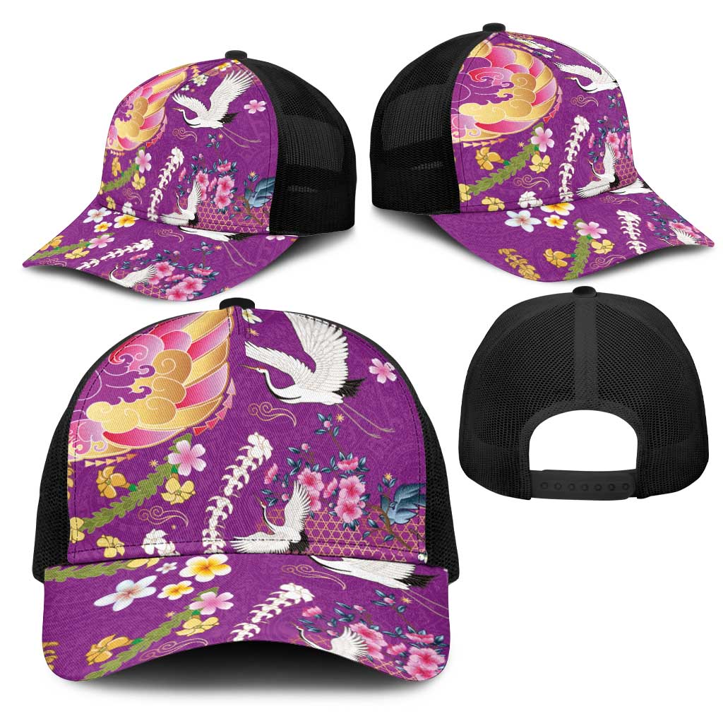 Hawaiian and Japanese Culture Together Mesh Trucker Cap Kakau Tribal Pattern and Irezumi Art Purple Color LT03 - Polynesian Pride