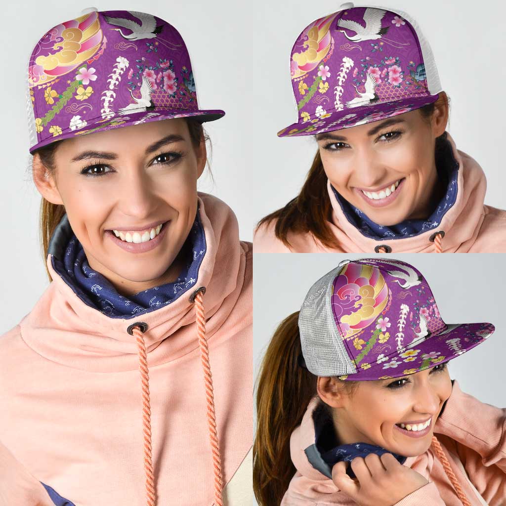 Hawaiian and Japanese Culture Together Mesh Trucker Cap Kakau Tribal Pattern and Irezumi Art Purple Color LT03 - Polynesian Pride