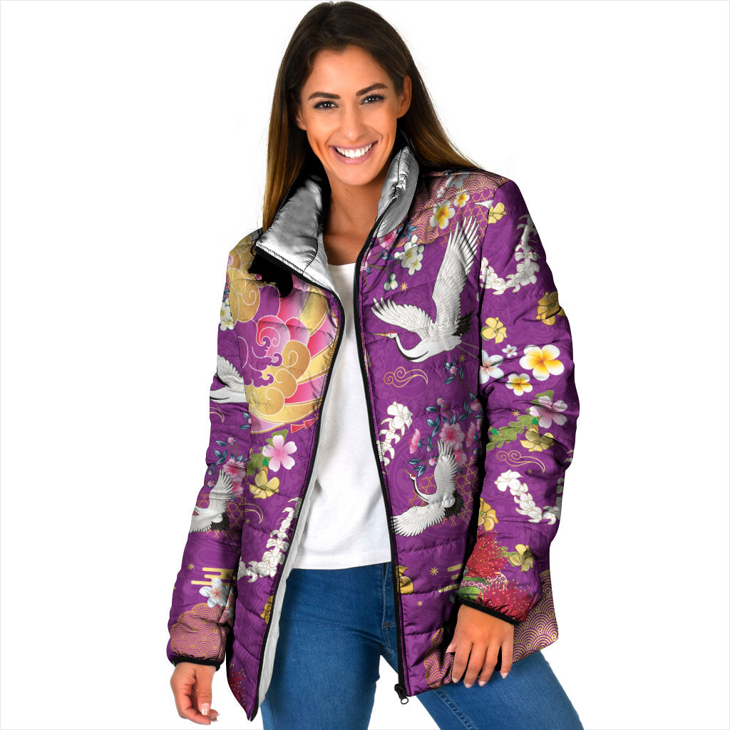 Hawaiian and Japanese Culture Together Padded Jacket Kakau Tribal Pattern and Irezumi Art Purple Color