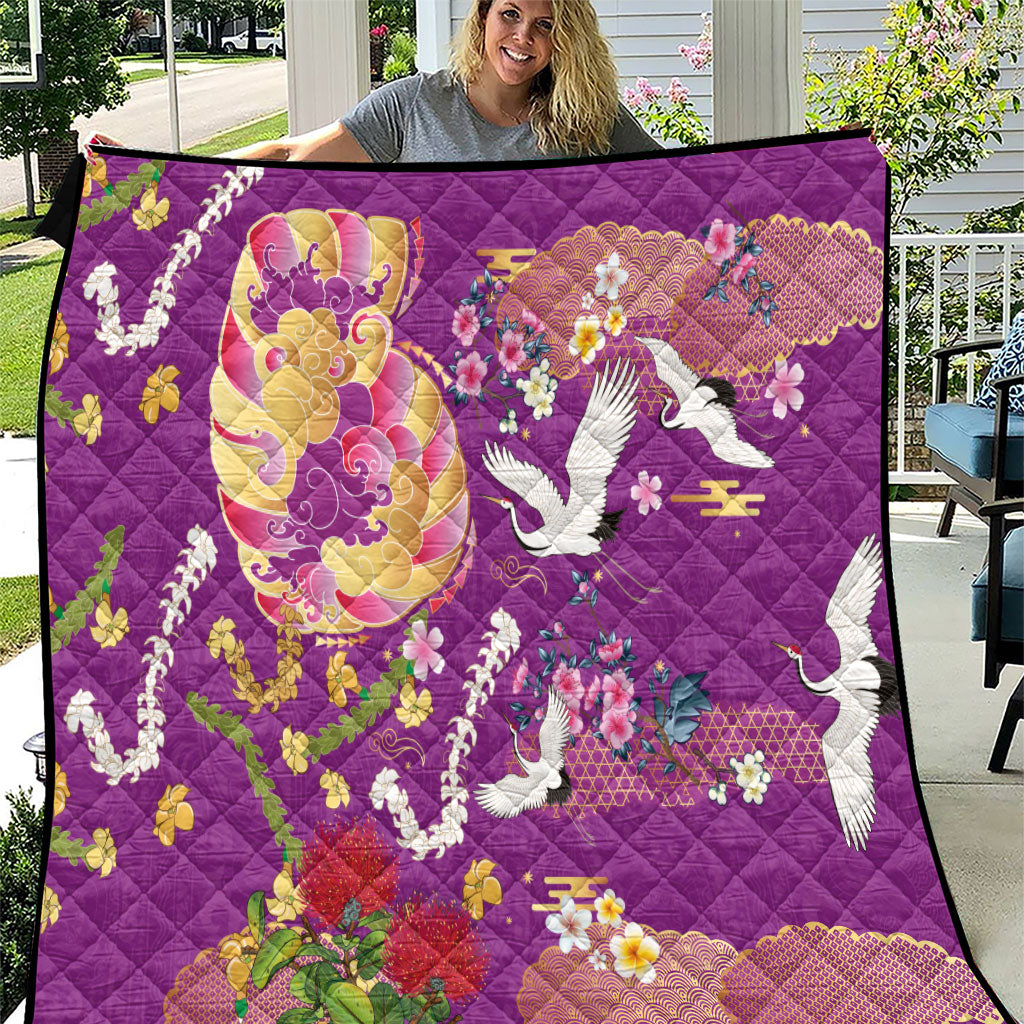 Hawaiian and Japanese Culture Together Quilt Kakau Tribal Pattern and Irezumi Art Purple Color LT03 Purple - Polynesian Pride