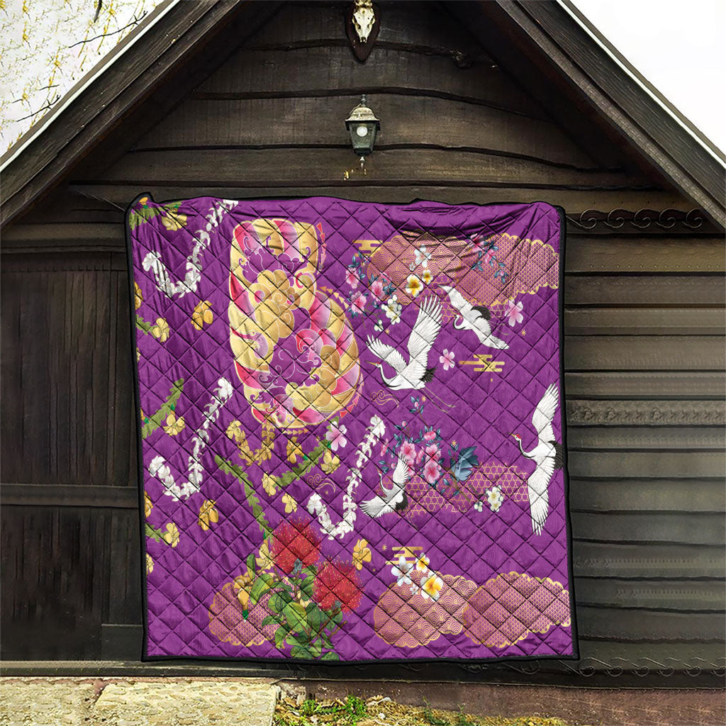 Hawaiian and Japanese Culture Together Quilt Kakau Tribal Pattern and Irezumi Art Purple Color LT03 - Polynesian Pride