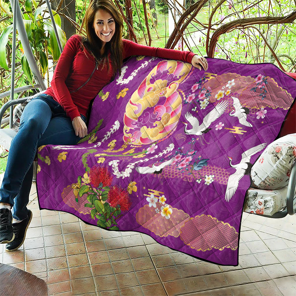 Hawaiian and Japanese Culture Together Quilt Kakau Tribal Pattern and Irezumi Art Purple Color LT03 - Polynesian Pride