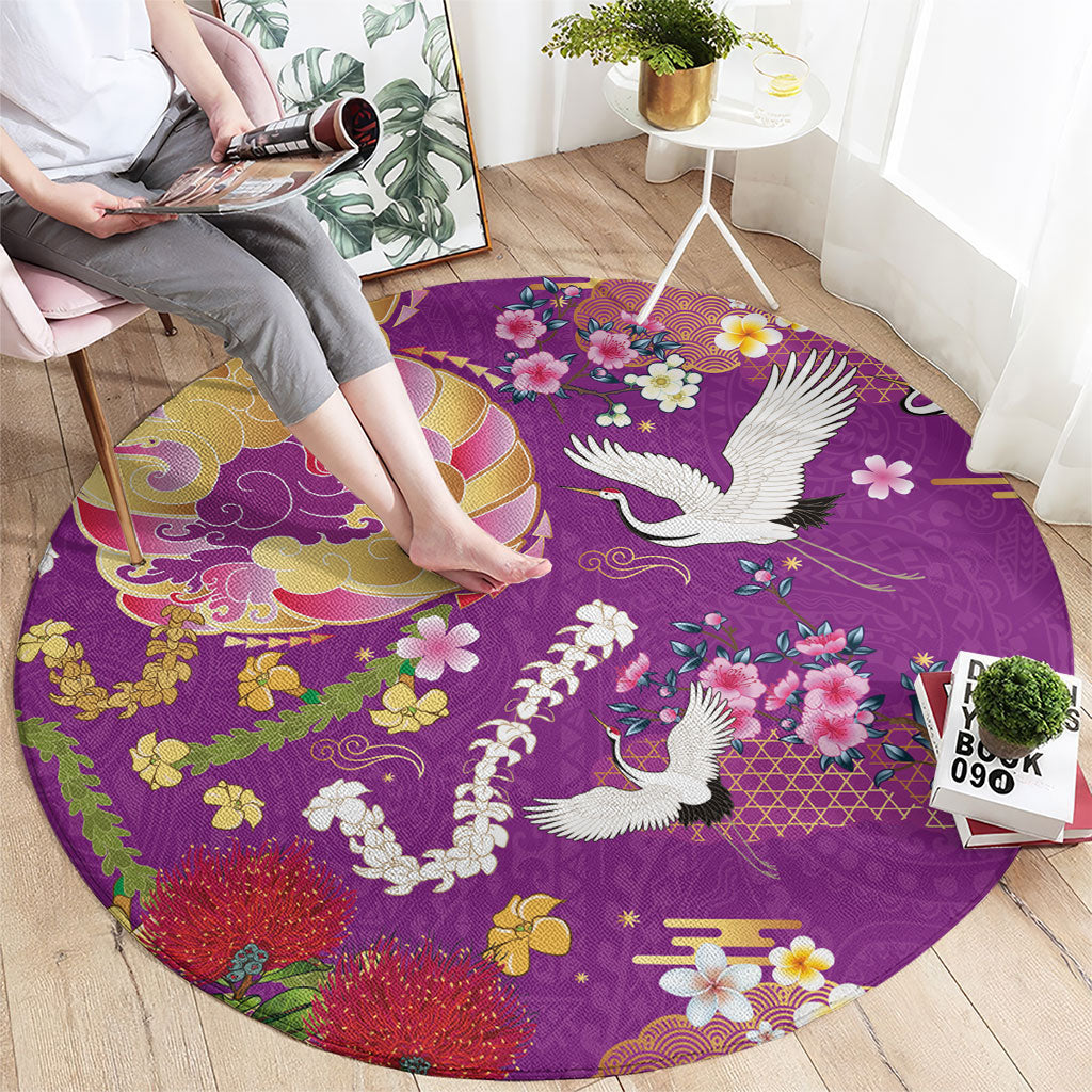 Hawaiian and Japanese Culture Together Round Carpet Kakau Tribal Pattern and Irezumi Art Purple Color LT03 - Polynesian Pride