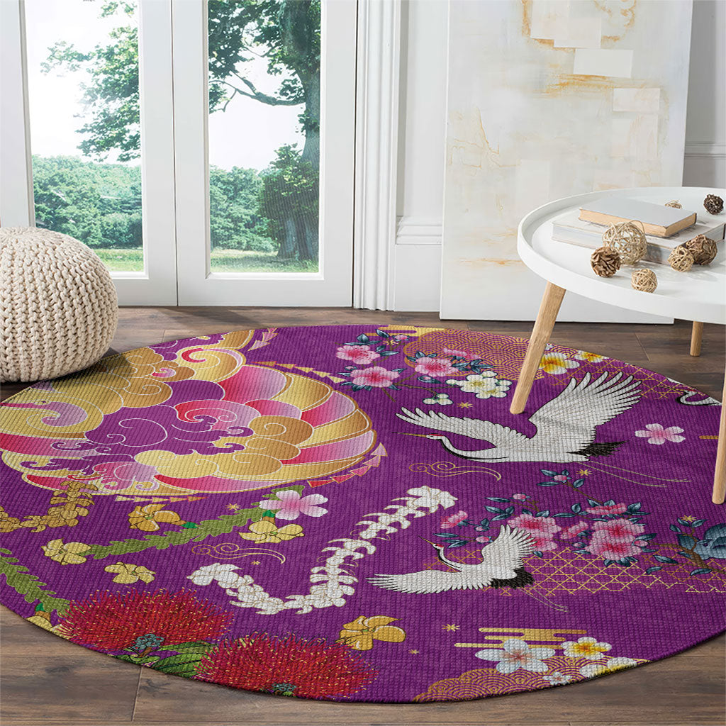 Hawaiian and Japanese Culture Together Round Carpet Kakau Tribal Pattern and Irezumi Art Purple Color LT03 - Polynesian Pride