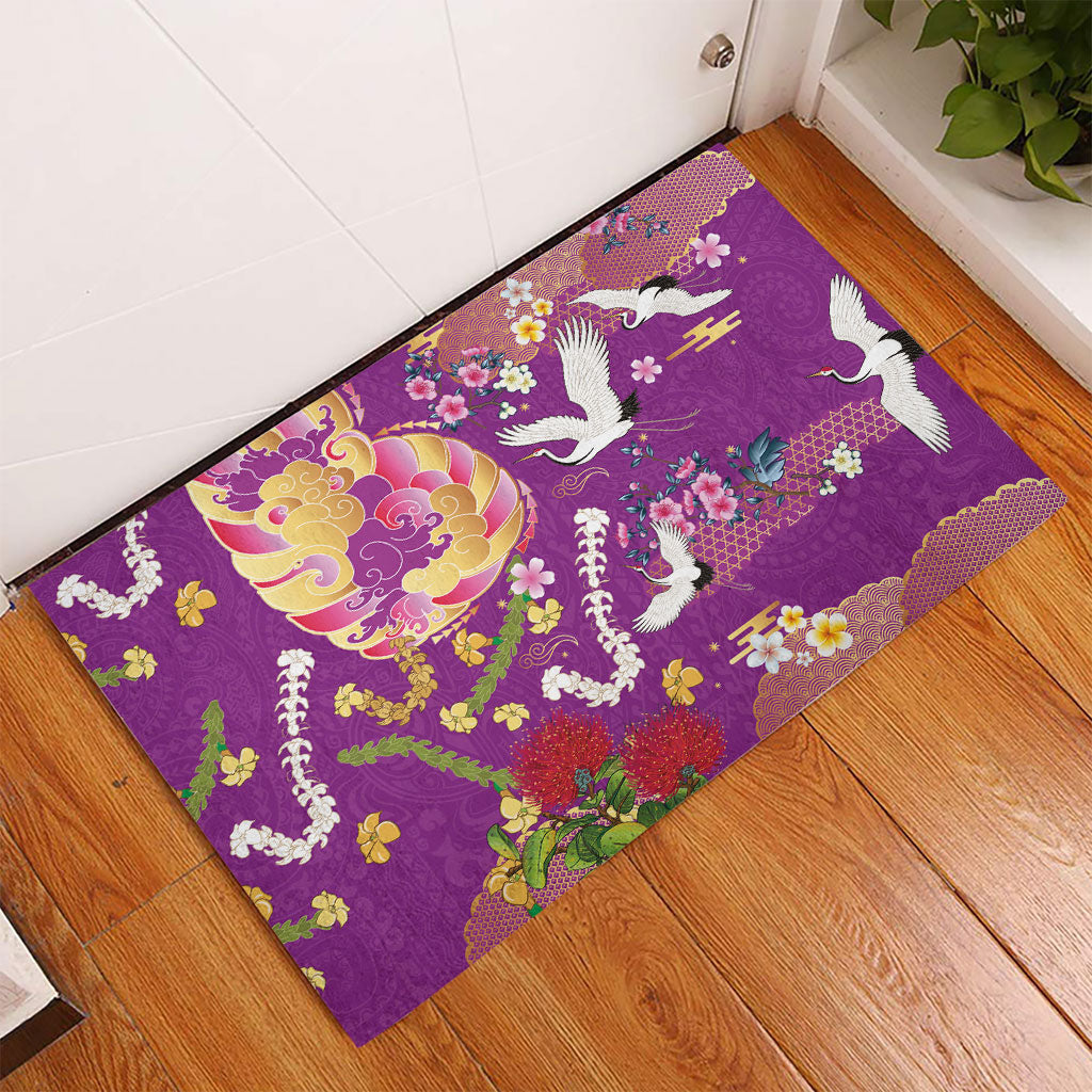 Hawaiian and Japanese Culture Together Rubber Doormat Kakau Tribal Pattern and Irezumi Art Purple Color