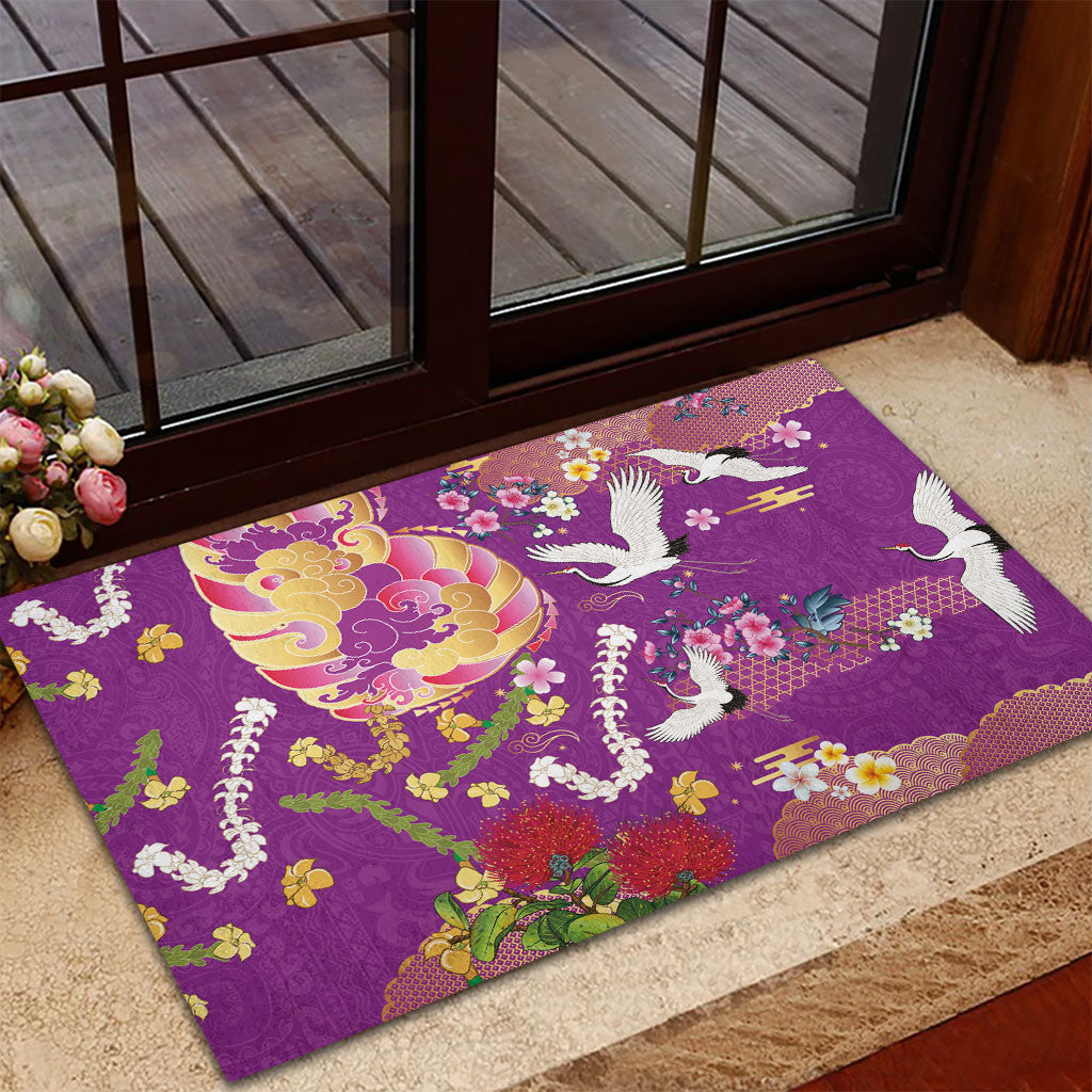Hawaiian and Japanese Culture Together Rubber Doormat Kakau Tribal Pattern and Irezumi Art Purple Color
