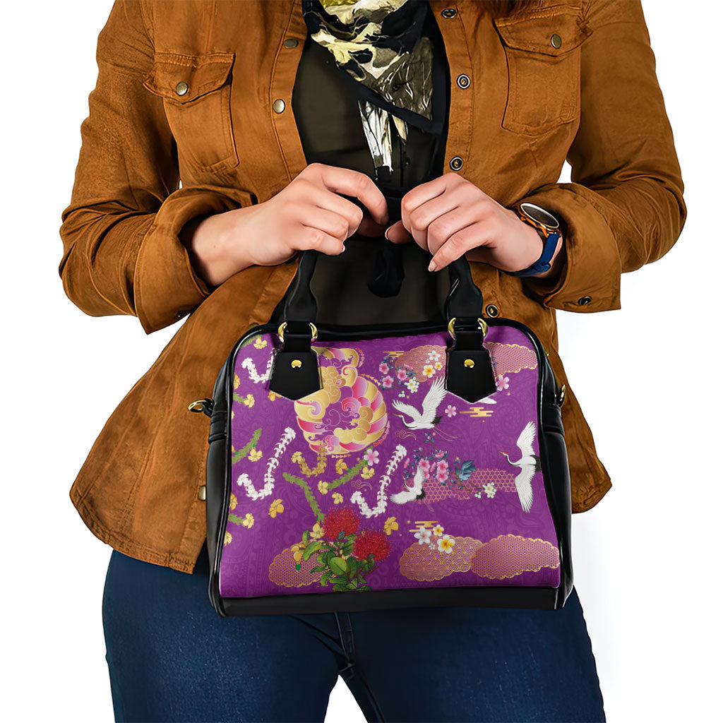 Hawaiian and Japanese Culture Together Shoulder Handbag Kakau Tribal Pattern and Irezumi Art Purple Color LT03 - Polynesian Pride