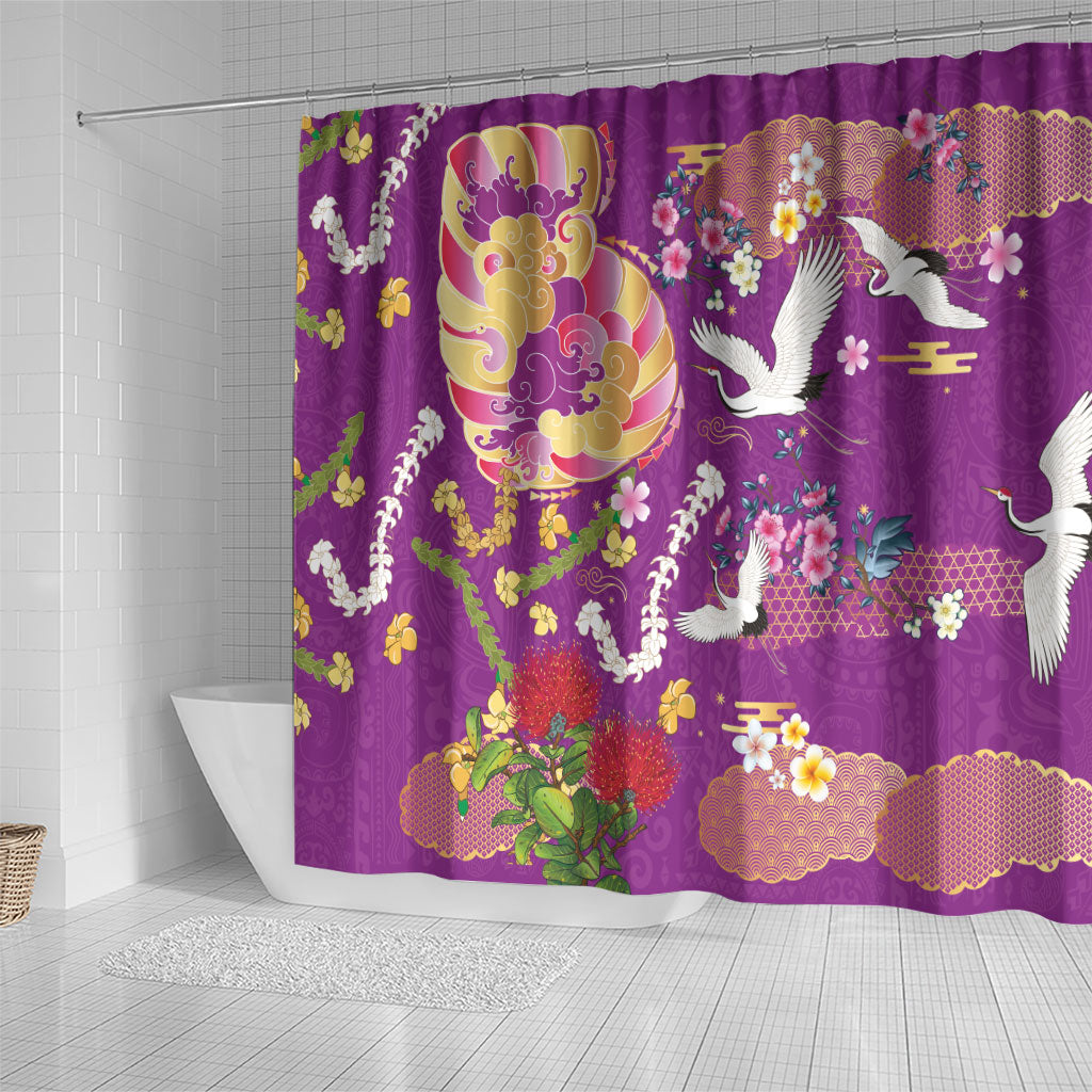 Hawaiian and Japanese Culture Together Shower Curtain Kakau Tribal Pattern and Irezumi Art Purple Color LT03 - Polynesian Pride