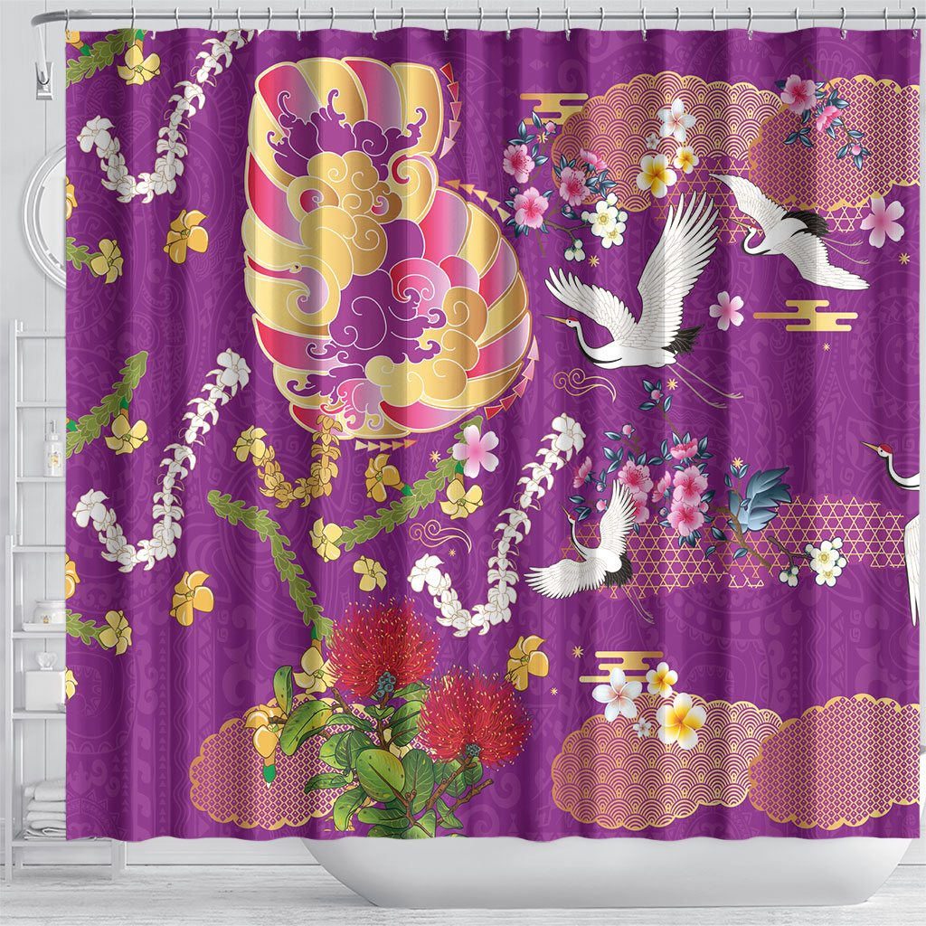 Hawaiian and Japanese Culture Together Shower Curtain Kakau Tribal Pattern and Irezumi Art Purple Color LT03 - Polynesian Pride