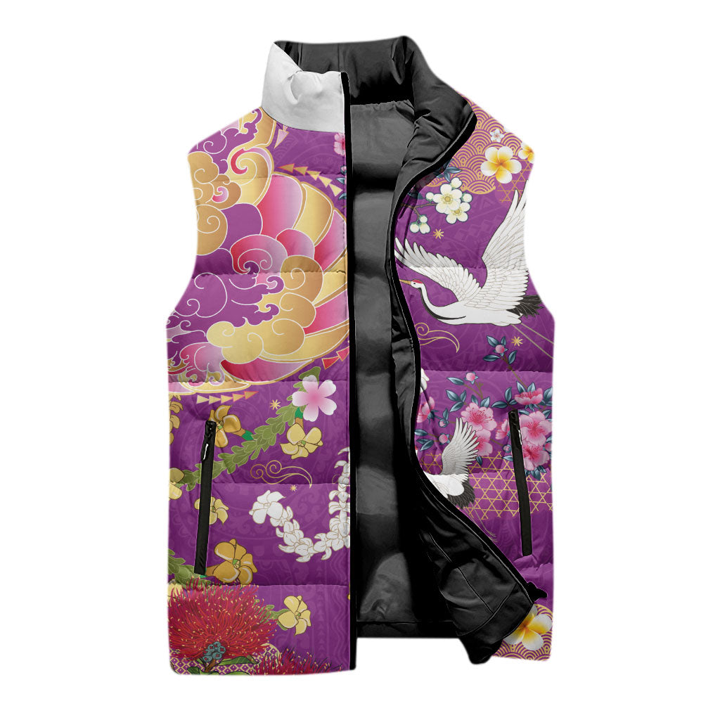 Hawaiian and Japanese Culture Together Sleeveless Puffer Jacket Kakau Tribal Pattern and Irezumi Art Purple Color