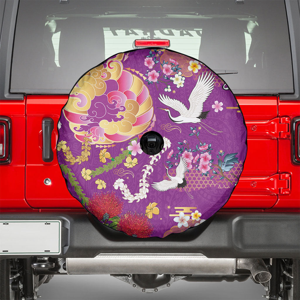 Hawaiian and Japanese Culture Together Spare Tire Cover Kakau Tribal Pattern and Irezumi Art Purple Color LT03 - Polynesian Pride