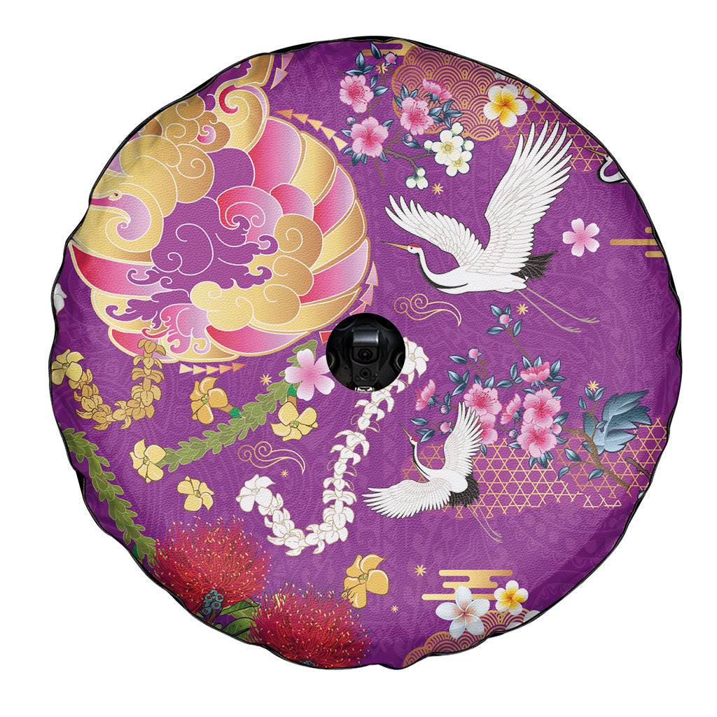 Hawaiian and Japanese Culture Together Spare Tire Cover Kakau Tribal Pattern and Irezumi Art Purple Color LT03 - Polynesian Pride