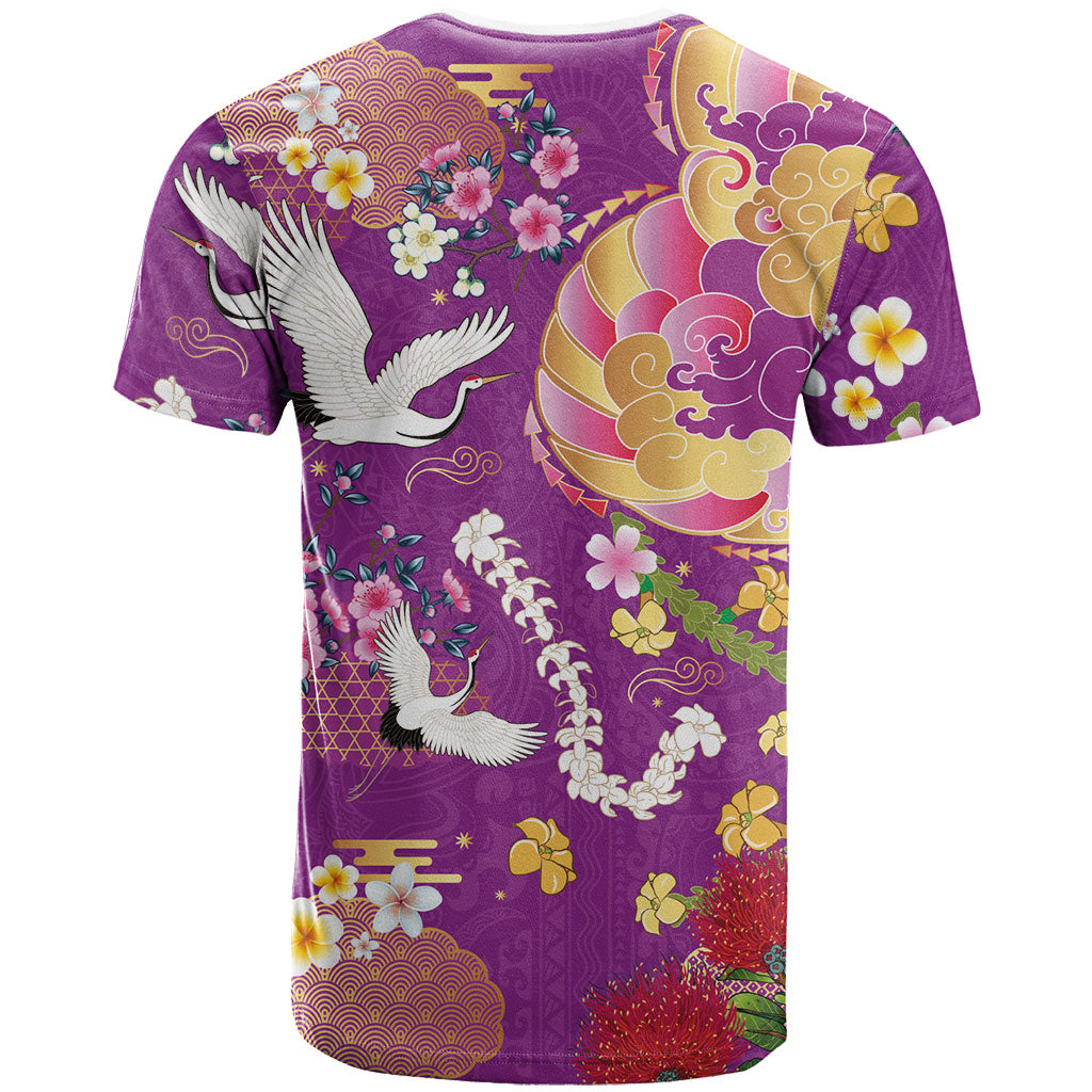 Hawaiian and Japanese Culture Together T Shirt Kakau Tribal Pattern and Irezumi Art Purple Color