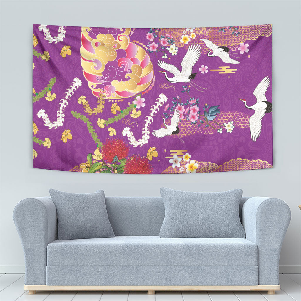 Hawaiian and Japanese Culture Together Tapestry Kakau Tribal Pattern and Irezumi Art Purple Color LT03 - Polynesian Pride