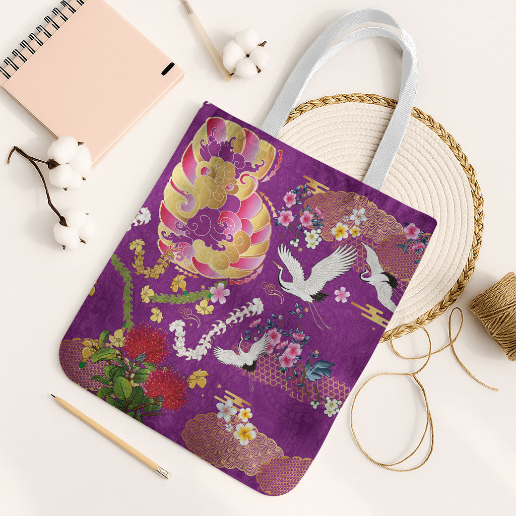 Hawaiian and Japanese Culture Together Tote Bag Kakau Tribal Pattern and Irezumi Art Purple Color LT03 White Strap One Size Purple - Polynesian Pride