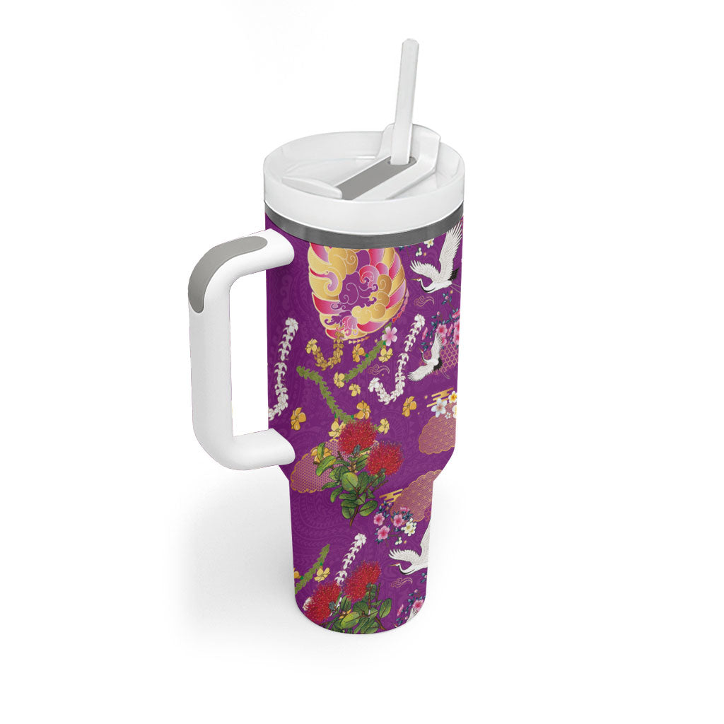 Hawaiian and Japanese Culture Together Tumbler With Handle Kakau Tribal Pattern and Irezumi Art Purple Color LT03 - Polynesian Pride