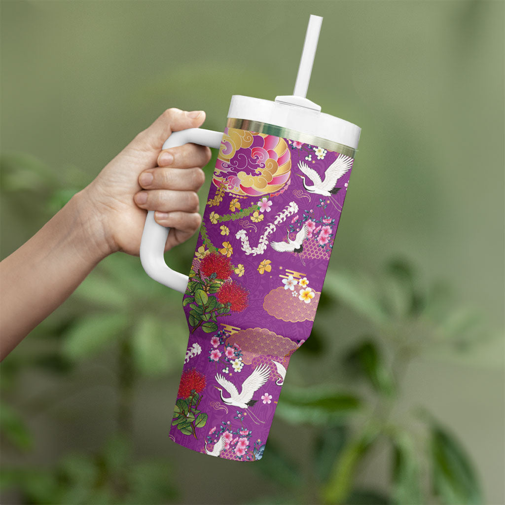 Hawaiian and Japanese Culture Together Tumbler With Handle Kakau Tribal Pattern and Irezumi Art Purple Color LT03 - Polynesian Pride