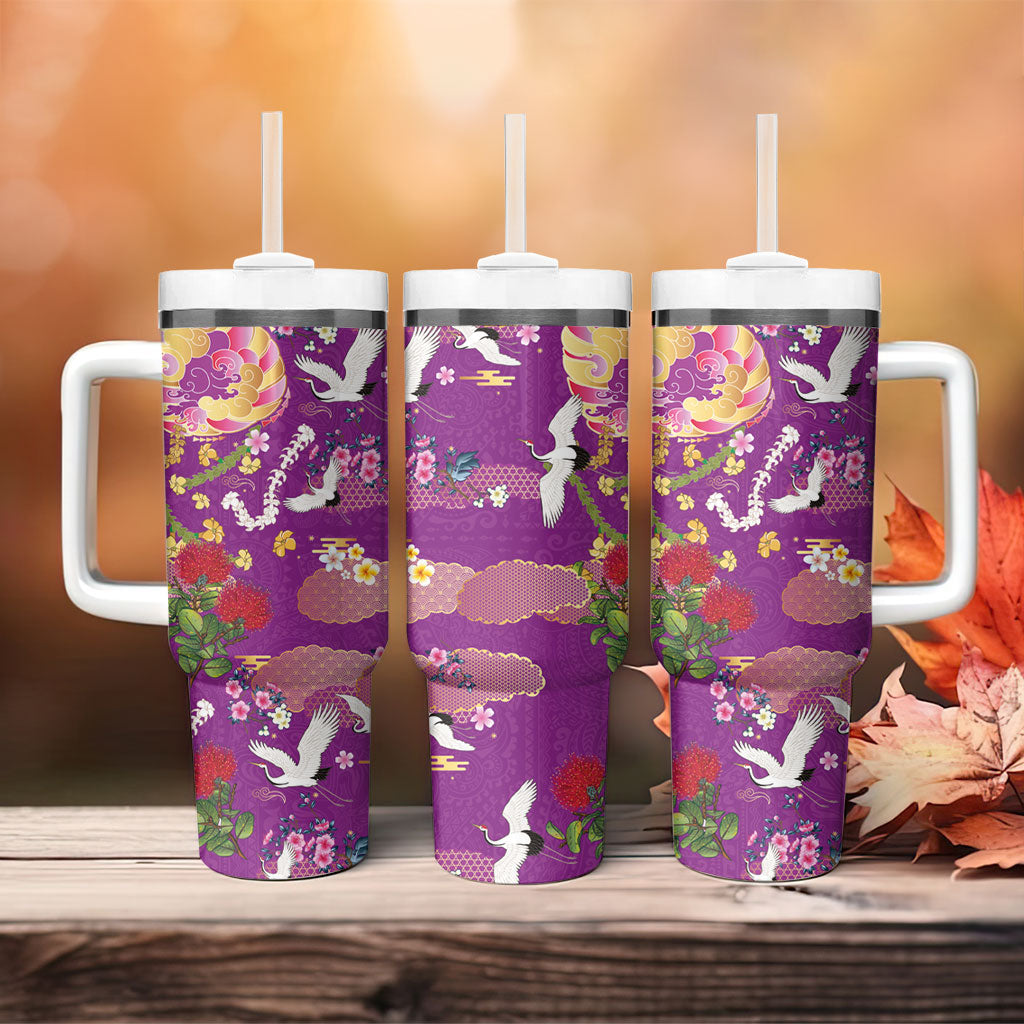 Hawaiian and Japanese Culture Together Tumbler With Handle Kakau Tribal Pattern and Irezumi Art Purple Color LT03 - Polynesian Pride