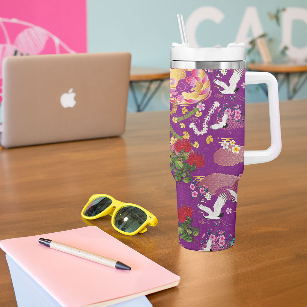Hawaiian and Japanese Culture Together Tumbler With Handle Kakau Tribal Pattern and Irezumi Art Purple Color LT03 - Polynesian Pride