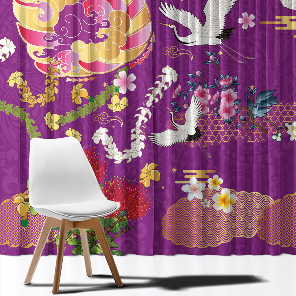 Hawaiian and Japanese Culture Together Window Curtain Kakau Tribal Pattern and Irezumi Art Purple Color LT03 - Polynesian Pride