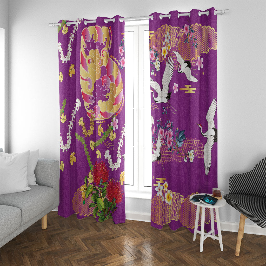 Hawaiian and Japanese Culture Together Window Curtain Kakau Tribal Pattern and Irezumi Art Purple Color LT03 With Grommets Purple - Polynesian Pride