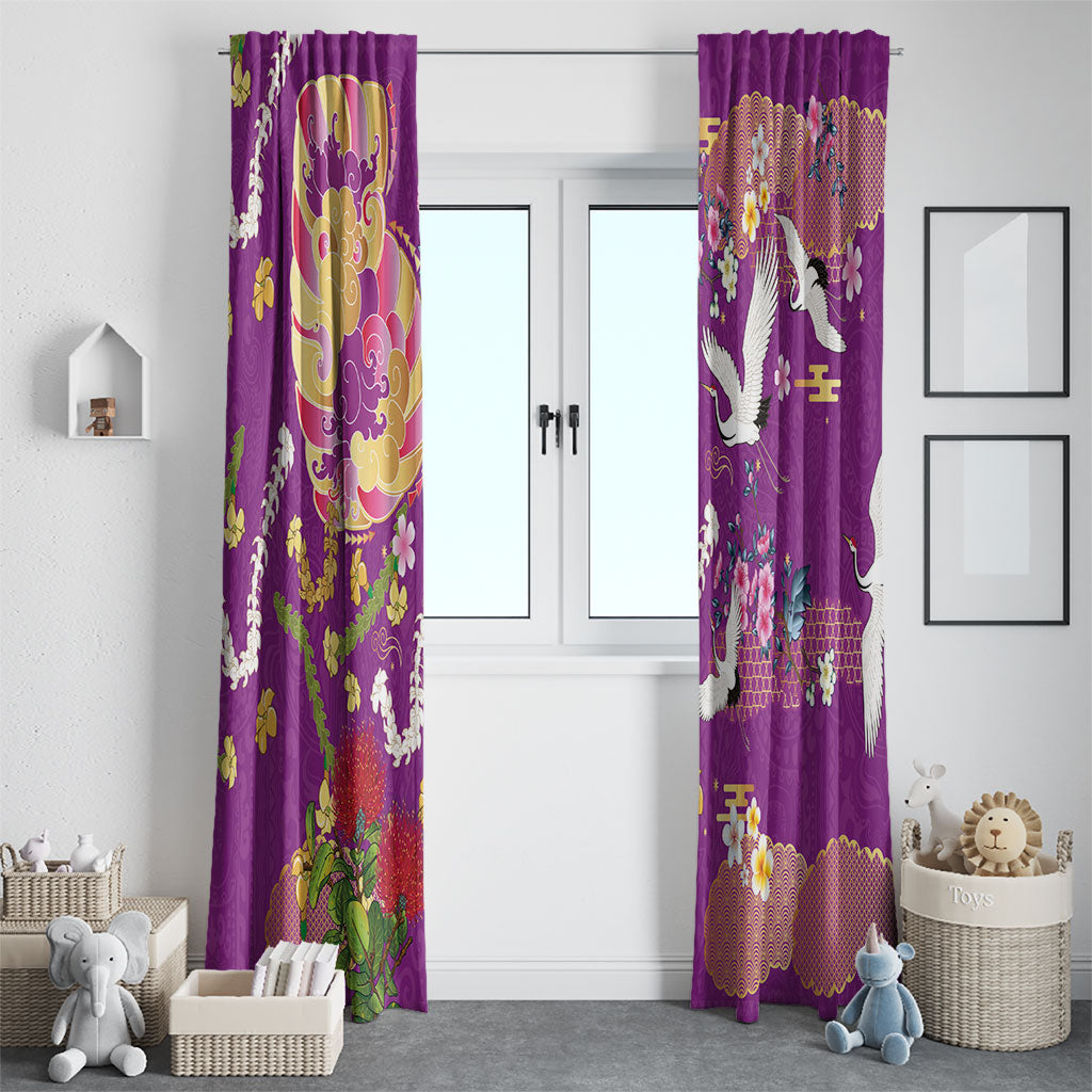 Hawaiian and Japanese Culture Together Window Curtain Kakau Tribal Pattern and Irezumi Art Purple Color LT03 - Polynesian Pride