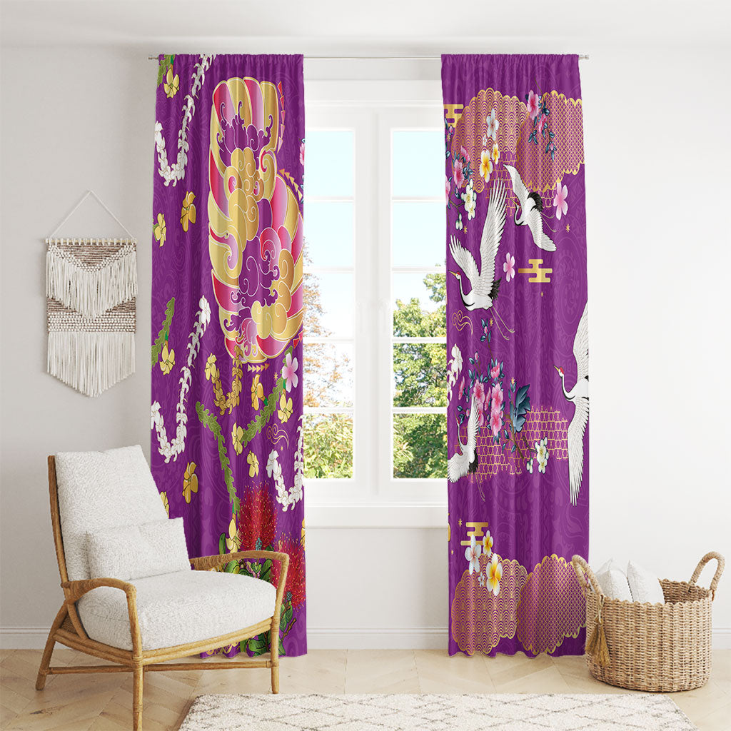 Hawaiian and Japanese Culture Together Window Curtain Kakau Tribal Pattern and Irezumi Art Purple Color LT03 - Polynesian Pride