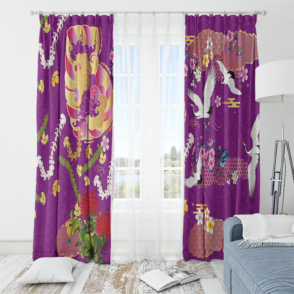 Hawaiian and Japanese Culture Together Window Curtain Kakau Tribal Pattern and Irezumi Art Purple Color LT03 - Polynesian Pride