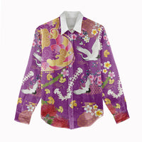 Hawaiian and Japanese Culture Together Women Casual Shirt Kakau Tribal Pattern and Irezumi Art Purple Color