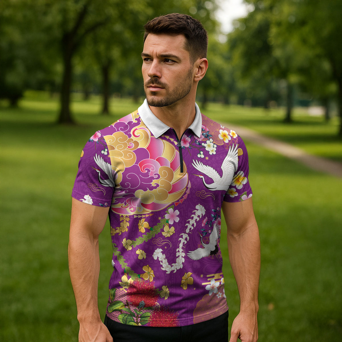 Hawaiian and Japanese Culture Together Zipper Polo Shirt Kakau Tribal Pattern and Irezumi Art Purple Color