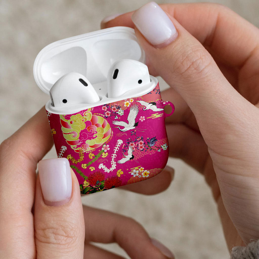 Hawaiian and Japanese Culture Together AirPods Case Kakau Tribal Pattern and Irezumi Art Pink Color LT03 - Polynesian Pride