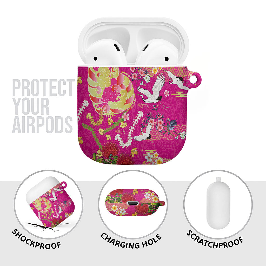 Hawaiian and Japanese Culture Together AirPods Case Kakau Tribal Pattern and Irezumi Art Pink Color LT03 - Polynesian Pride