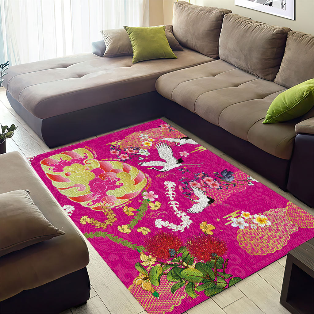 Hawaiian and Japanese Culture Together Area Rug Kakau Tribal Pattern and Irezumi Art Pink Color LT03 - Polynesian Pride