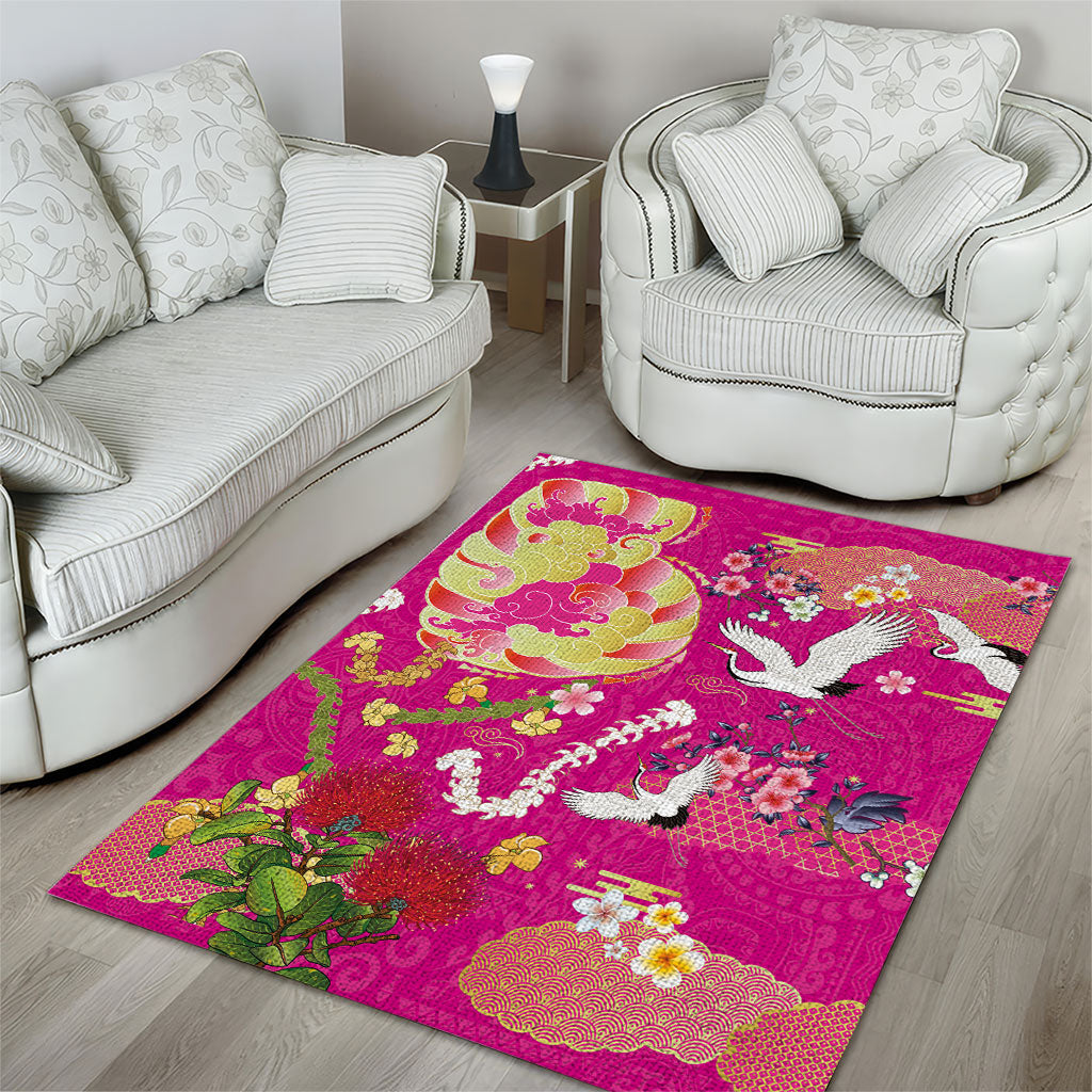 Hawaiian and Japanese Culture Together Area Rug Kakau Tribal Pattern and Irezumi Art Pink Color LT03 - Polynesian Pride