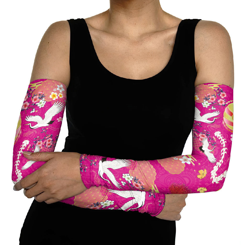 Hawaiian and Japanese Culture Together Arm Sleeves Kakau Tribal Pattern and Irezumi Art Pink Color LT03 - Polynesian Pride