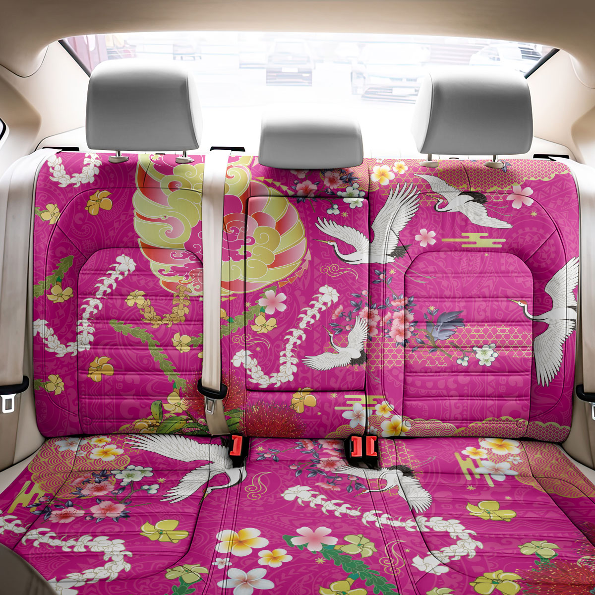 Hawaiian and Japanese Culture Together Back Car Seat Cover Kakau Tribal Pattern and Irezumi Art Pink Color LT03 - Polynesian Pride