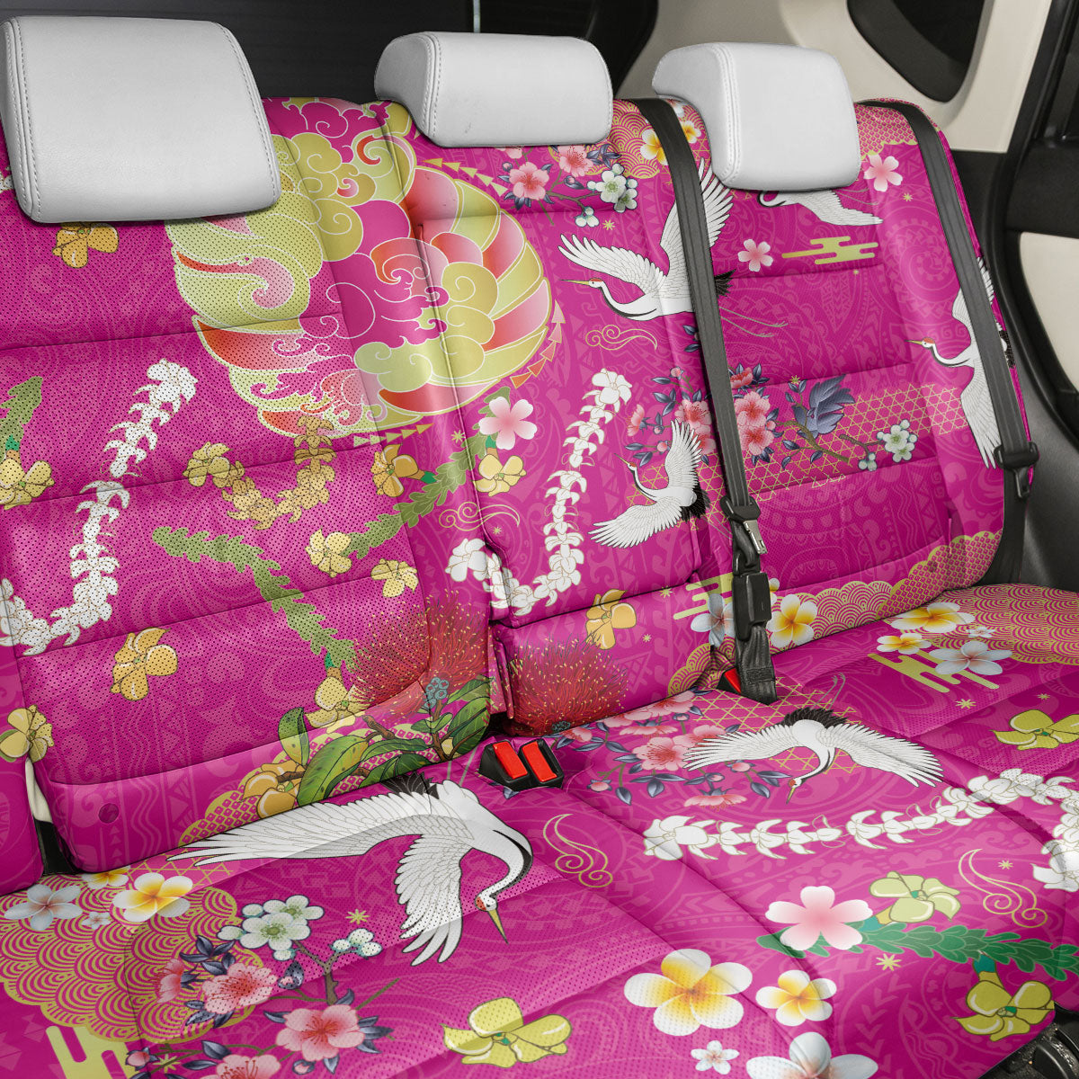 Hawaiian and Japanese Culture Together Back Car Seat Cover Kakau Tribal Pattern and Irezumi Art Pink Color LT03 - Polynesian Pride