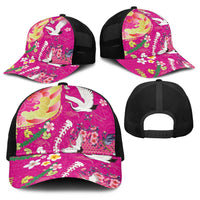 Hawaiian and Japanese Culture Together Baseball Net Cap Kakau Tribal Pattern and Irezumi Art Pink Color