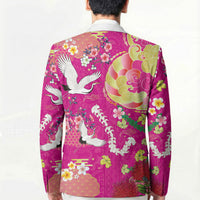 Hawaiian and Japanese Culture Together Blazer Kakau Tribal Pattern and Irezumi Art Pink Color