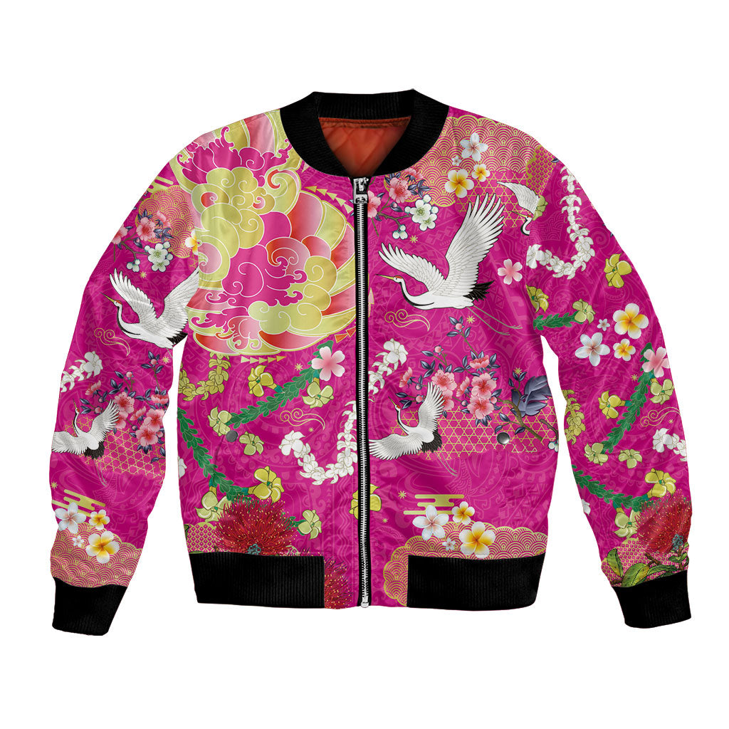 Hawaiian and Japanese Culture Together Bomber Jacket Kakau Tribal Pattern and Irezumi Art Pink Color