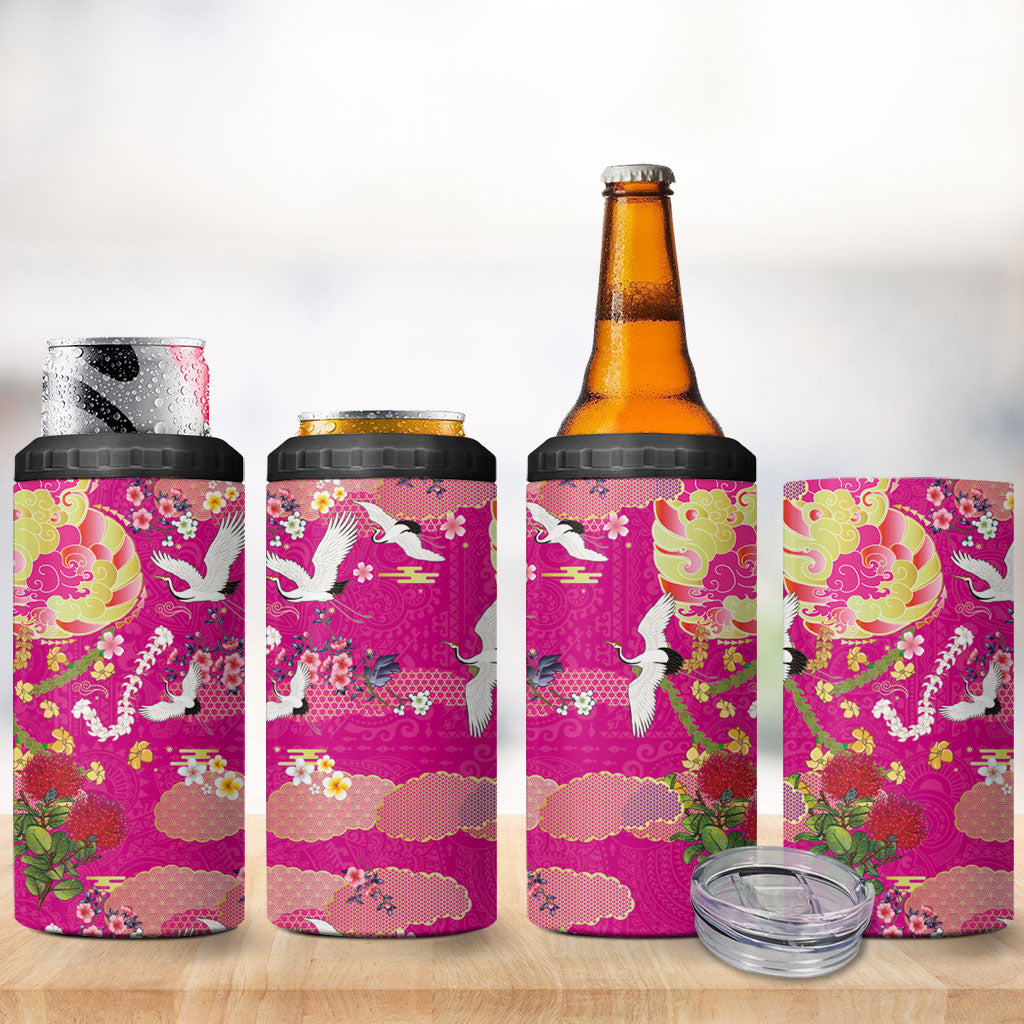 Hawaiian and Japanese Culture Together 4 in 1 Can Cooler Tumbler Kakau Tribal Pattern and Irezumi Art Pink Color LT03 - Polynesian Pride
