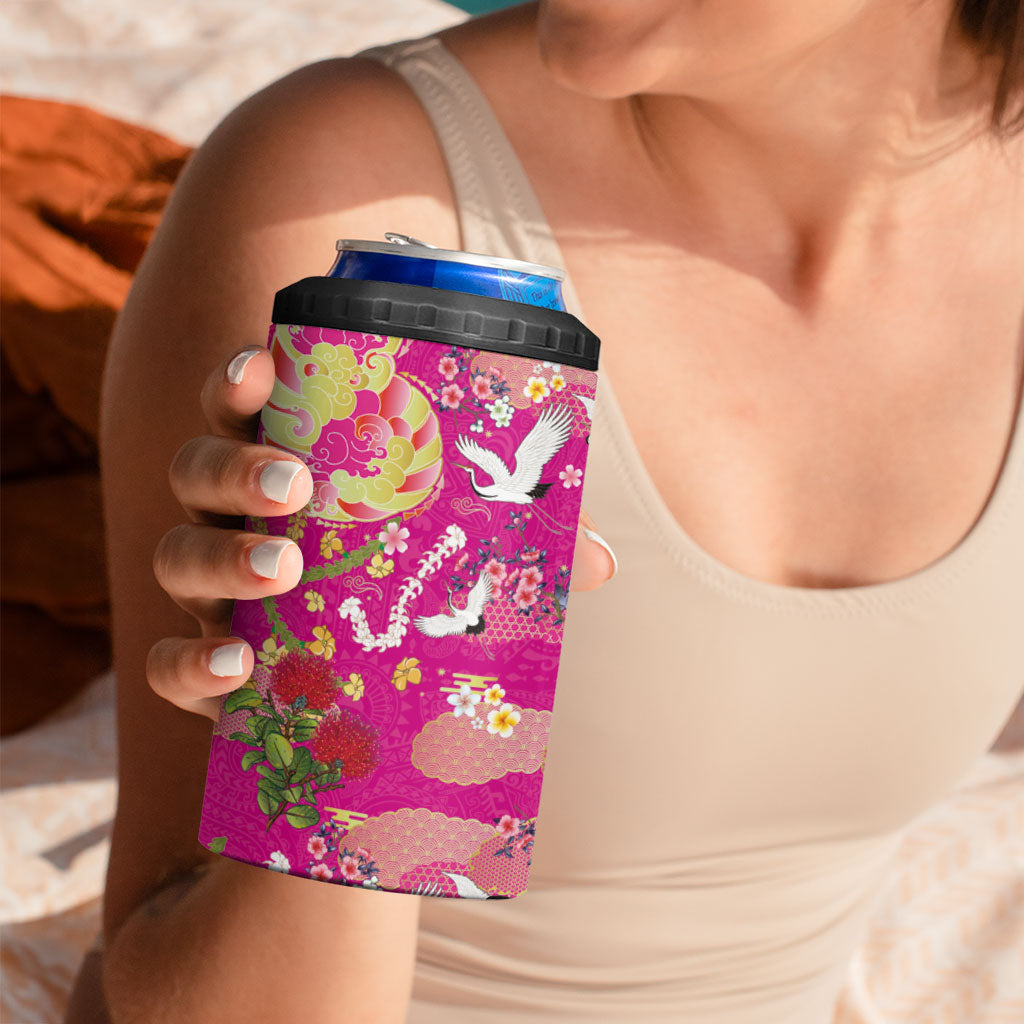 Hawaiian and Japanese Culture Together 4 in 1 Can Cooler Tumbler Kakau Tribal Pattern and Irezumi Art Pink Color LT03 - Polynesian Pride
