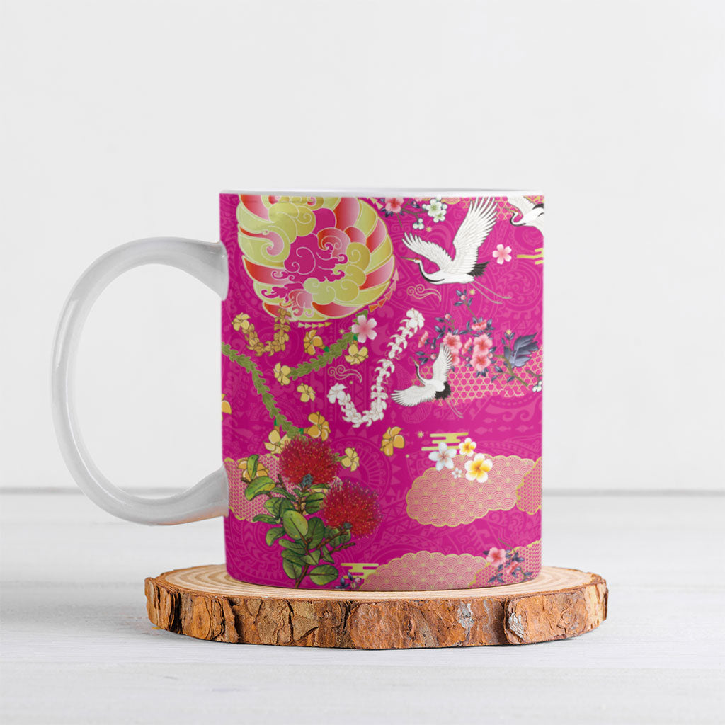 Hawaiian and Japanese Culture Together Ceramic Mug Kakau Tribal Pattern and Irezumi Art Pink Color LT03 Pink - Polynesian Pride