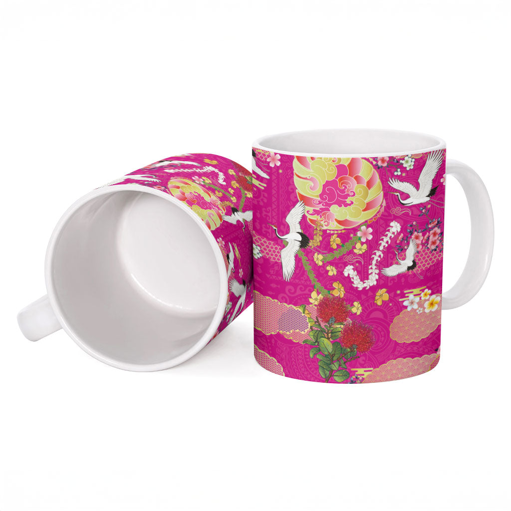 Hawaiian and Japanese Culture Together Ceramic Mug Kakau Tribal Pattern and Irezumi Art Pink Color LT03 - Polynesian Pride