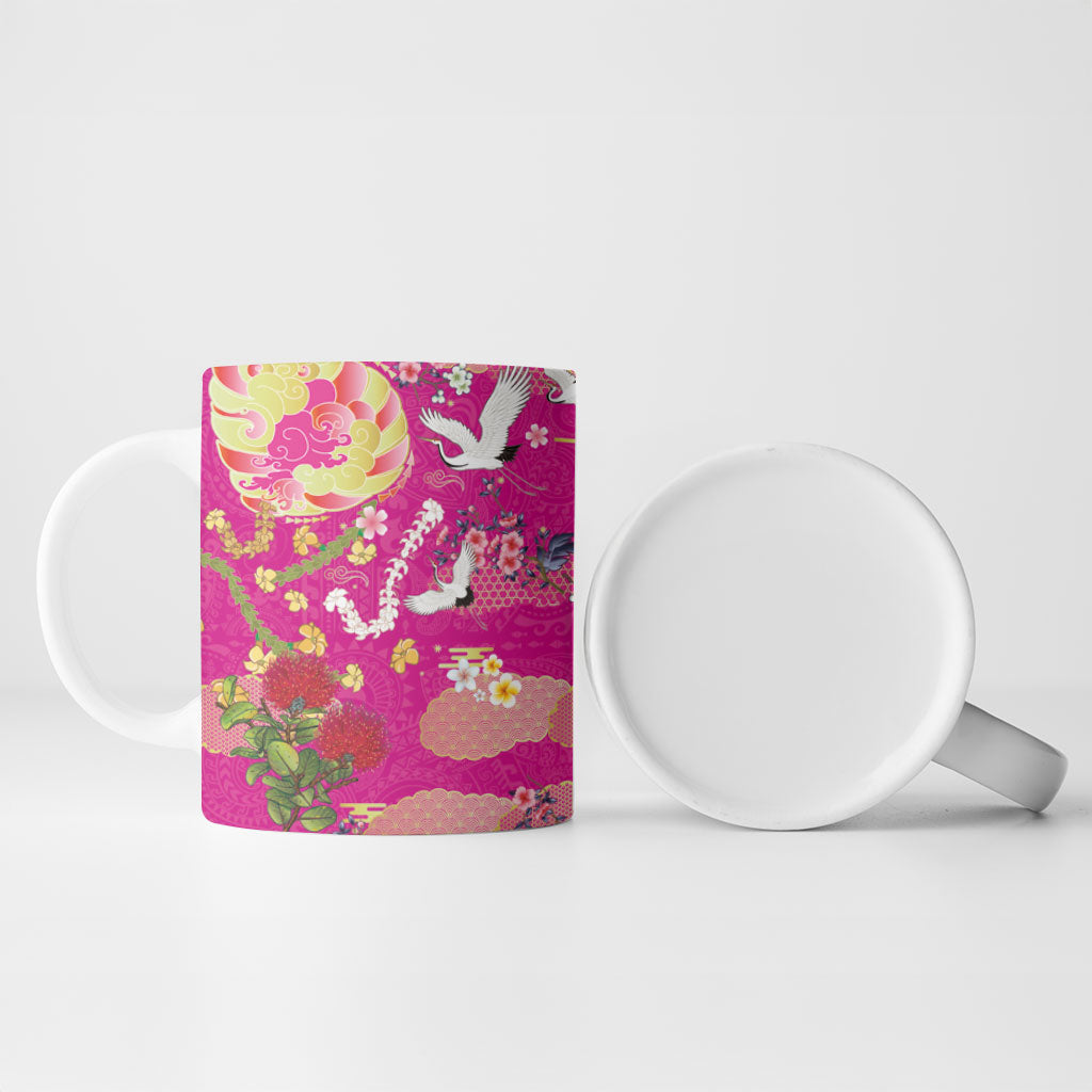 Hawaiian and Japanese Culture Together Ceramic Mug Kakau Tribal Pattern and Irezumi Art Pink Color LT03 - Polynesian Pride