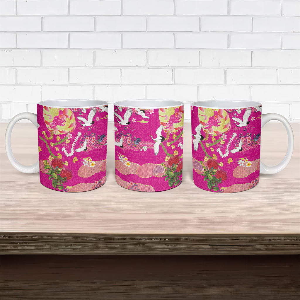 Hawaiian and Japanese Culture Together Ceramic Mug Kakau Tribal Pattern and Irezumi Art Pink Color LT03 - Polynesian Pride