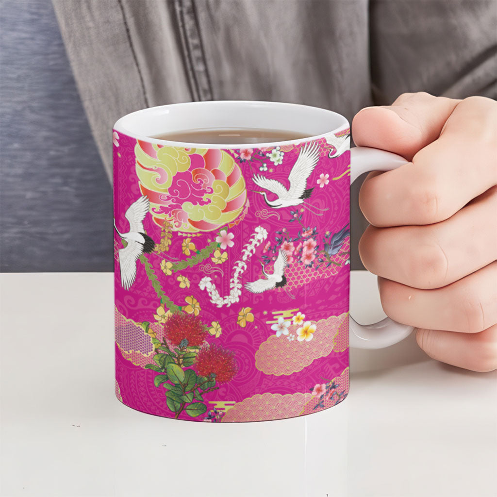 Hawaiian and Japanese Culture Together Ceramic Mug Kakau Tribal Pattern and Irezumi Art Pink Color LT03 - Polynesian Pride