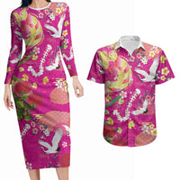 Hawaiian and Japanese Culture Together Couples Matching Long Sleeve Bodycon Dress and Hawaiian Shirt Kakau Tribal Pattern and Irezumi Art Pink Color LT03 Pink - Polynesian Pride