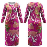 Hawaiian and Japanese Culture Together Couples Matching Long Sleeve Bodycon Dress and Hawaiian Shirt Kakau Tribal Pattern and Irezumi Art Pink Color LT03 - Polynesian Pride